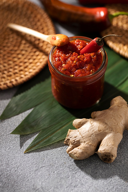 Jar of Indonesian sambal with chilli and ginger