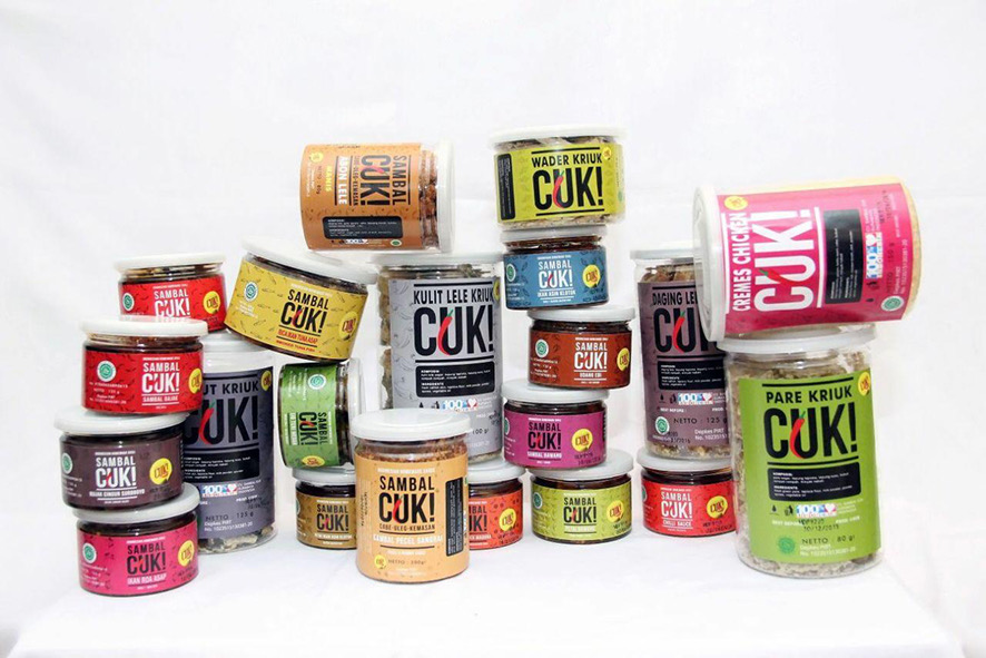 Range of Indonesian packaged snacks and sambal in jars