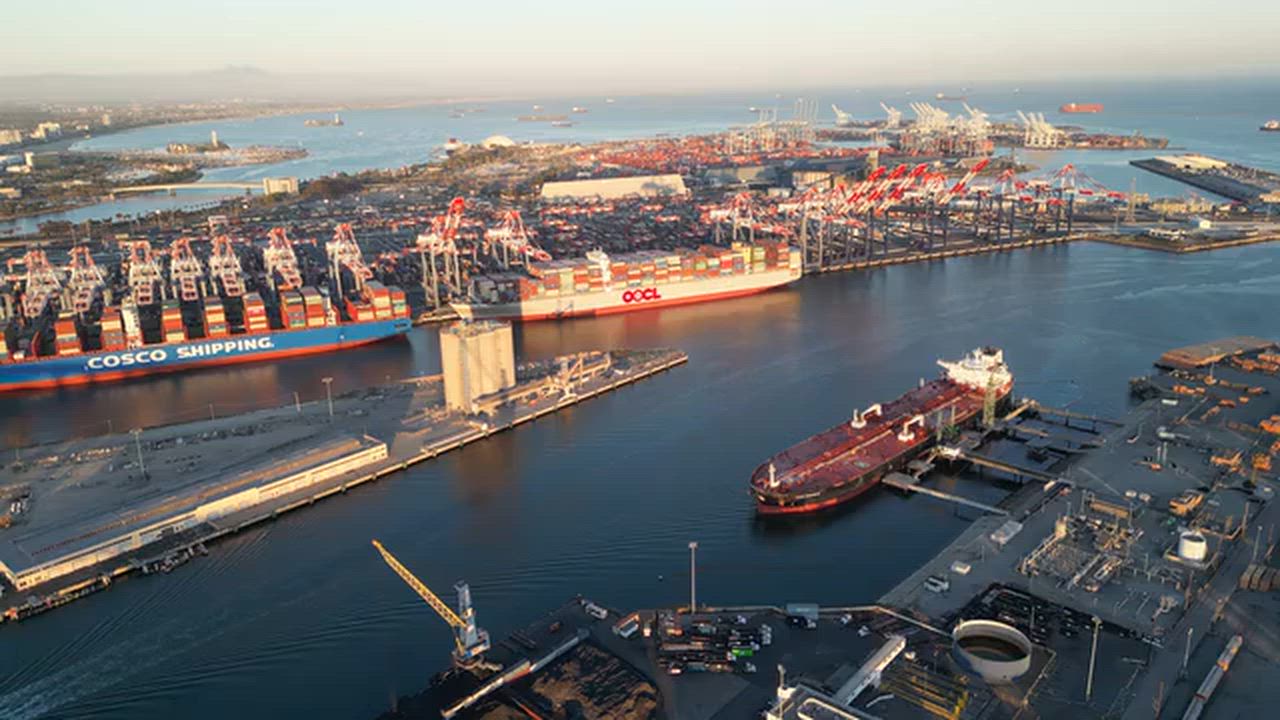 Aerial view of a busy port